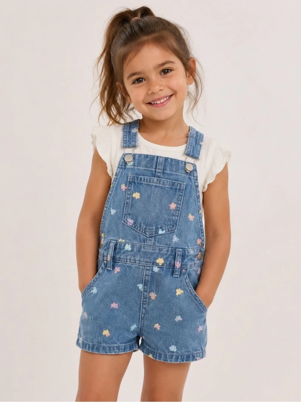 The Children's Place Blue Denim Short Overalls with Multicolor Hearts - NWT